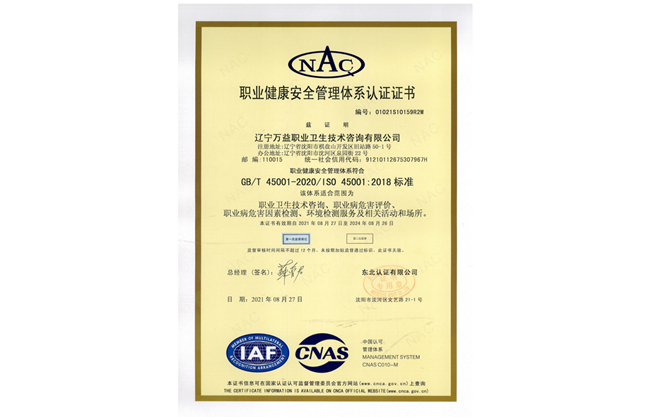 遼寧萬益職業健康安全管理體系證書